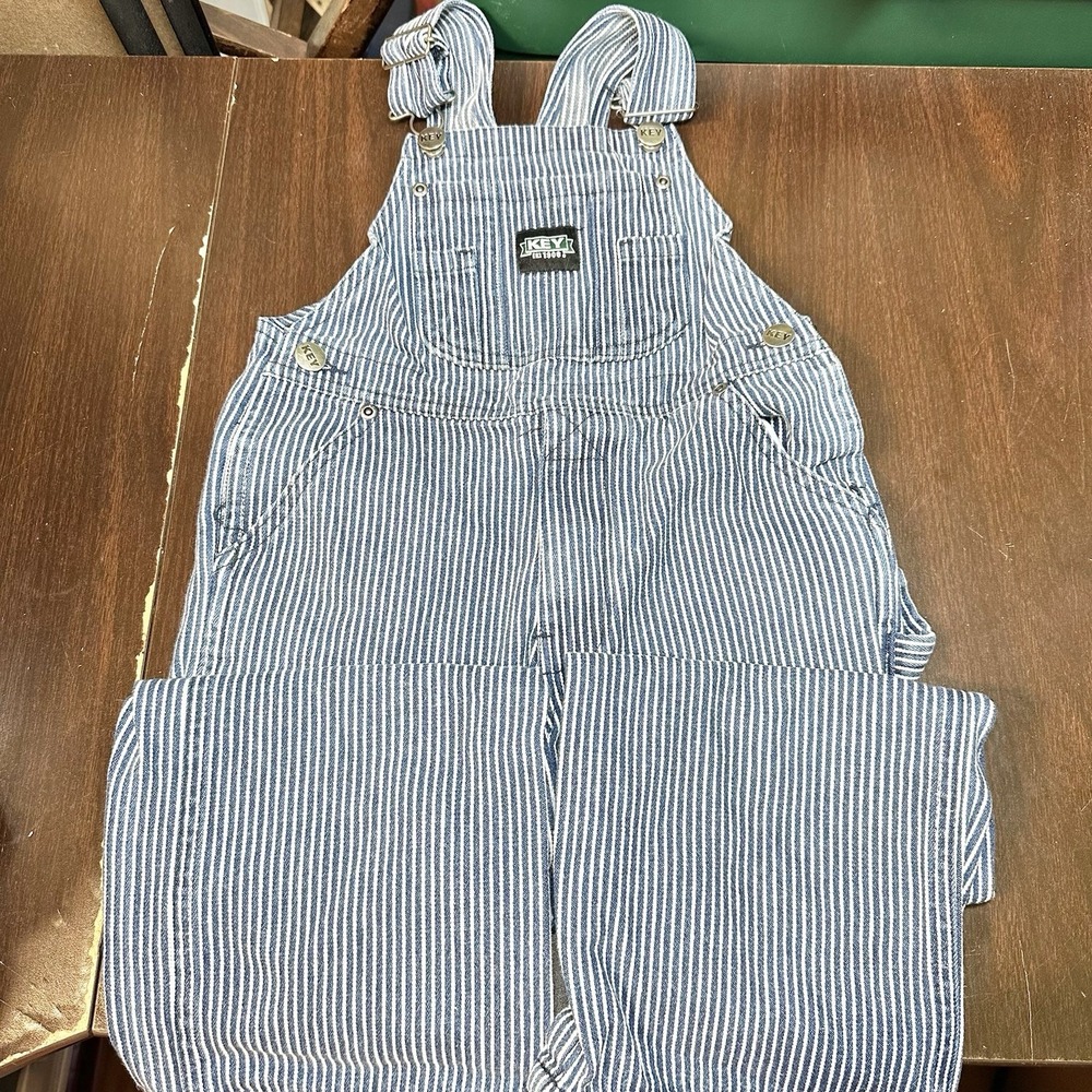 Key Boys Hickory Stripe Bib‎ Overalls Carpenter Denim Blue White Size 5 Vtg Y2K